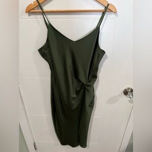 Glam Olive Green Textured Satin Midi Dress